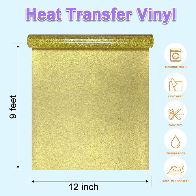 DUEUIOE Gold Glitter HTV Heat Transfer Vinyl Roll - Image 3