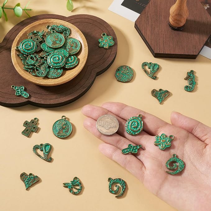 52Pcs Antique Turquoise Green Charms 13 Tibetan Style Alloy Vintage Pendants - Image 2