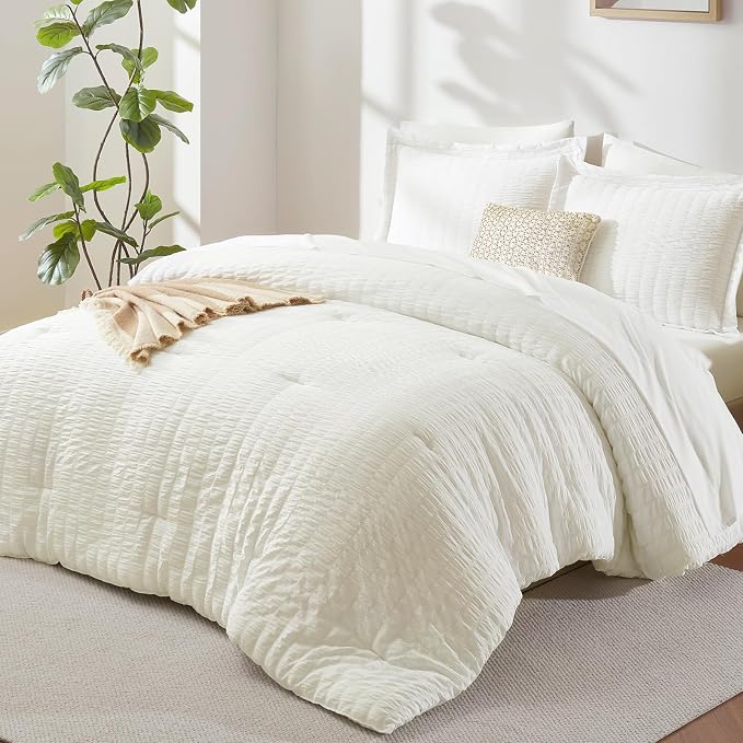 CozyLux King Size Comforter Set Ivory Seersucker 7 Pieces Bed in a Bag King by CozyLux