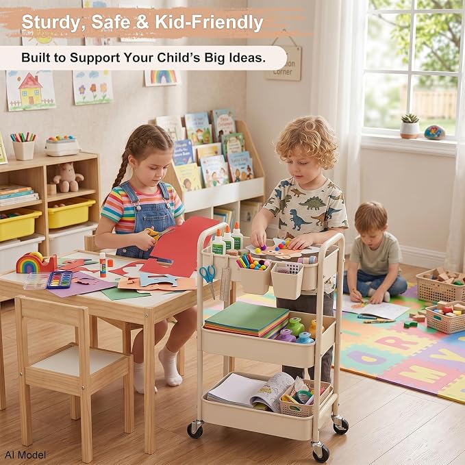 3 Tier Beige Rolling Storage Cart Metal on Wheels, Cream Three Tiered Diaper - Image 3