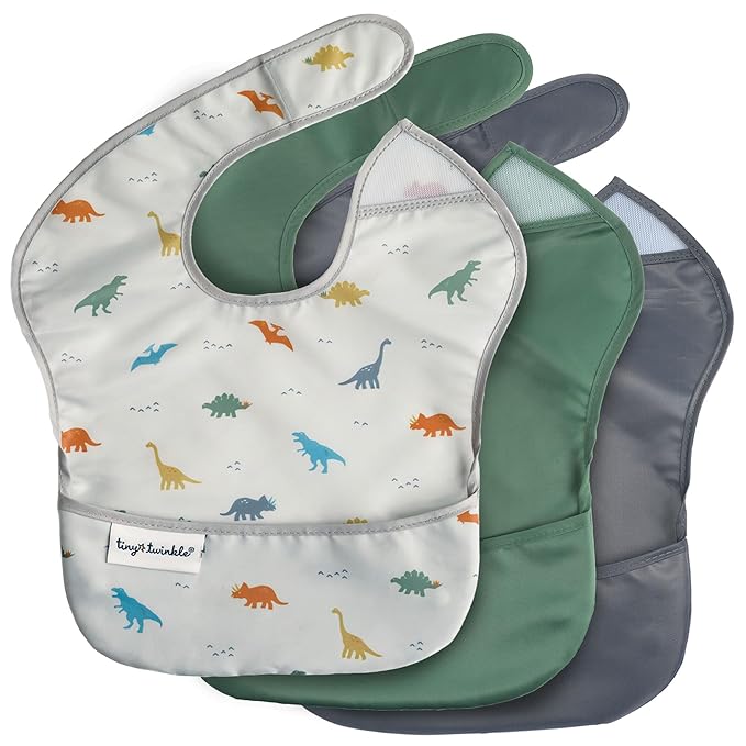 Tiny Twinkle Mess Proof Baby Bibs for Eating – Waterproof, Wipeable Toddler Bibs with Pocket – Baby Food Bibs for Girls & Boys(3 Pack,Dinosaur Set)