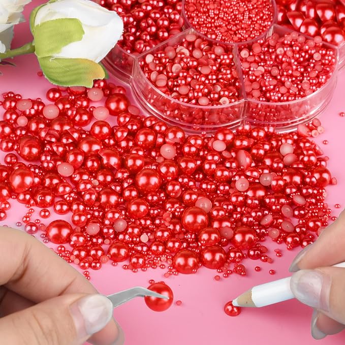 NACHLYNN 6480 Pcs Flat Back Pearl 7 Sizes Red Half Round Beads - Image 4