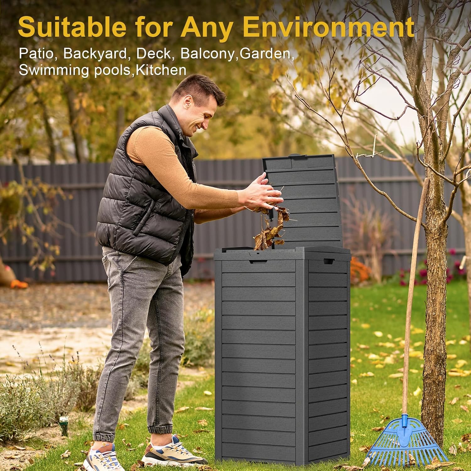 31 Gallon Outdoor Trash Can with Tiered Lid and Drip Tray,Waterproof Resin Waste Bin Indoor,Durable,Stylish,Lightweight Garbage Bin for Patio,Kitchen,Backyard and Office(Black)