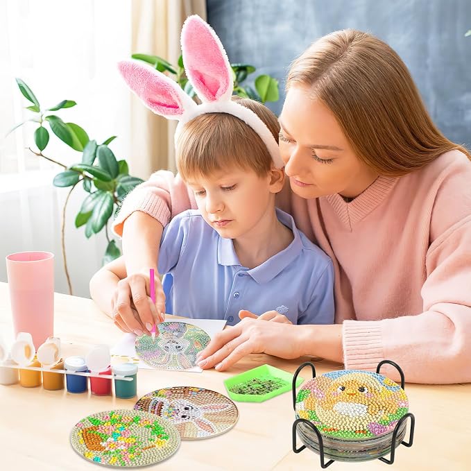UPINS 8 Pieces Easter Diamond Art Coasters, Bunnies Diamond Art Coaster - Image 6