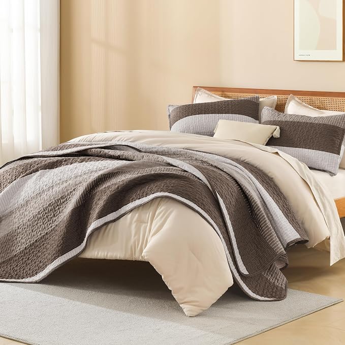 Litanika Oversized King Quilt Set Brown, 128x120 Stripe Bedspread Coverlet 3 - Image 4