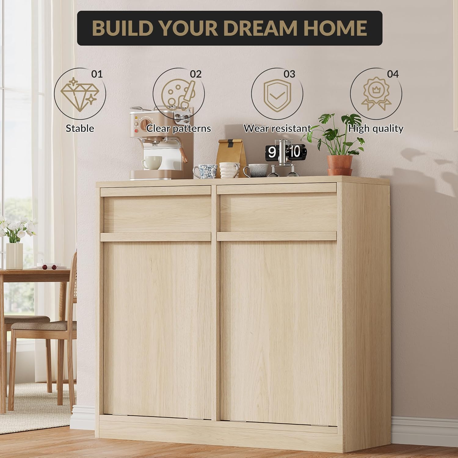 Double Tilt Out Trash Cabinet, Natural Wood Hidden Garbage Can Cabinet for 2 x 10 Gallon Bins, Modern Pet-Proof Trash Cabinets for Kitchen, Dining, Living Room Storage