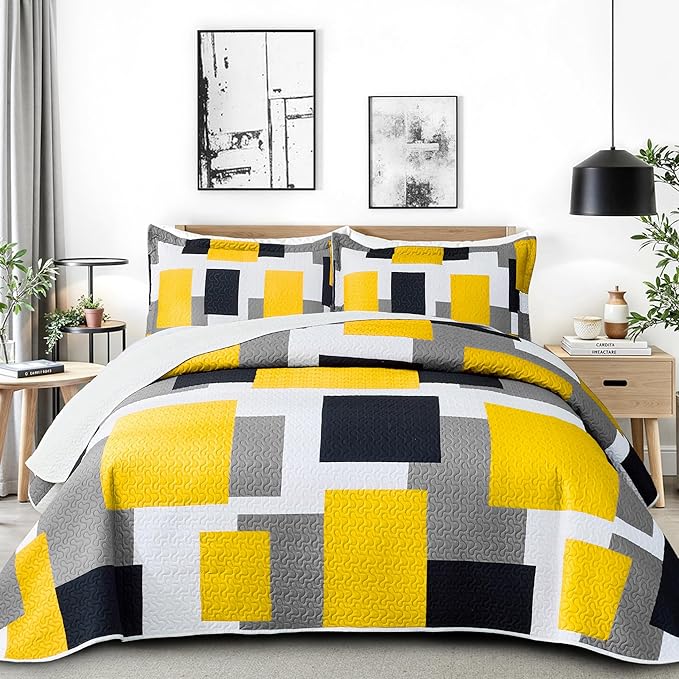 Tyrot 3 Piece Yellow Grey Quilt Set Full/Queen Size Yellow Gray White Geometric by TyrotHomeDecor