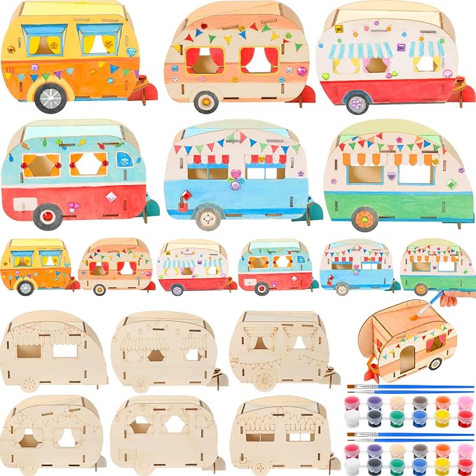 DoubleFill 12 Pack Camping Craft Kits DIY Unfinished Wooden Camper Craft Bulk by DoubleFill