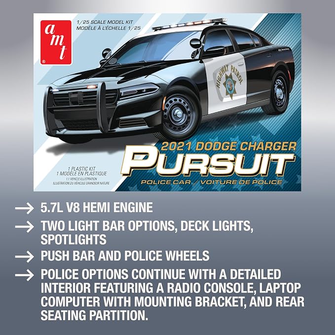 AMT 2021 Dodge Charger Police Pursuit 1:25 Scale Model Kits - Image 3