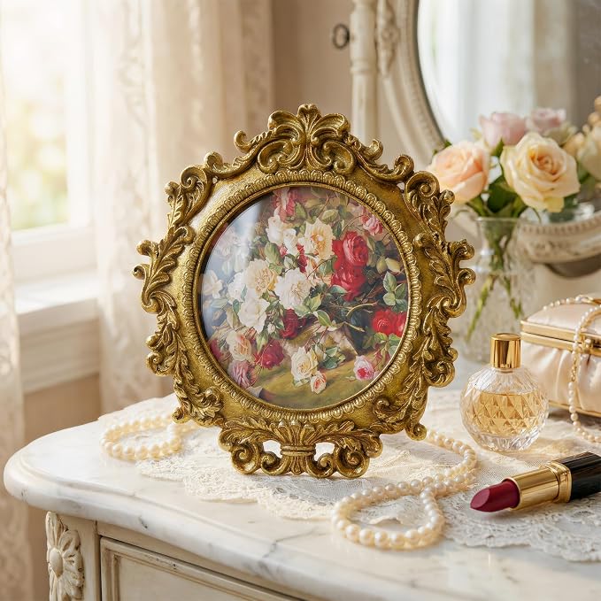 Cuspin Vintage Round Gold Picture Frame 4x4 Inch, Ornate Floral Resin Photo - Image 7