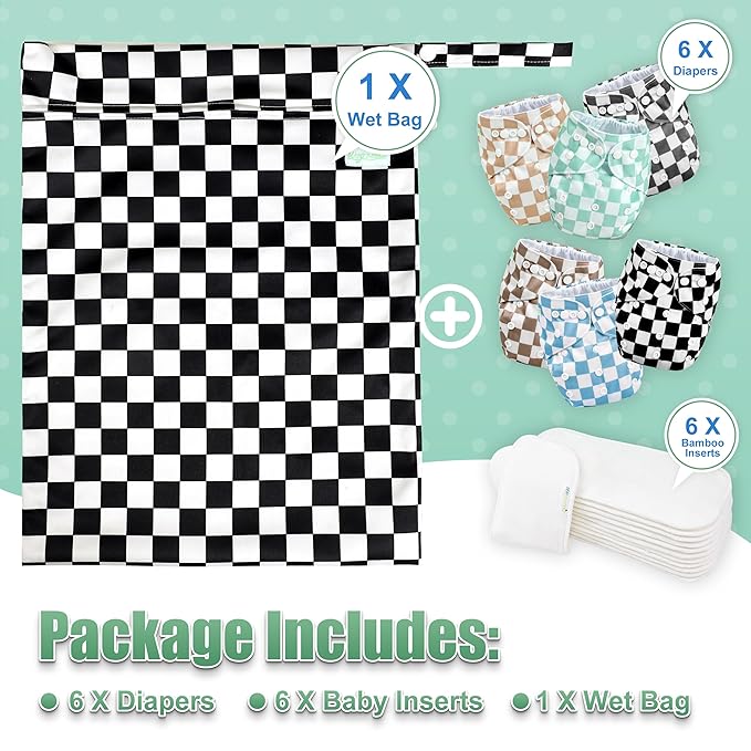 wegreeco Cloth Diapers 6 Pack with 6 Inserts & 1 Wet Bag, Washable Cloth Diapers for Babies, One Size Adjustable Reusable (Checkerboard)