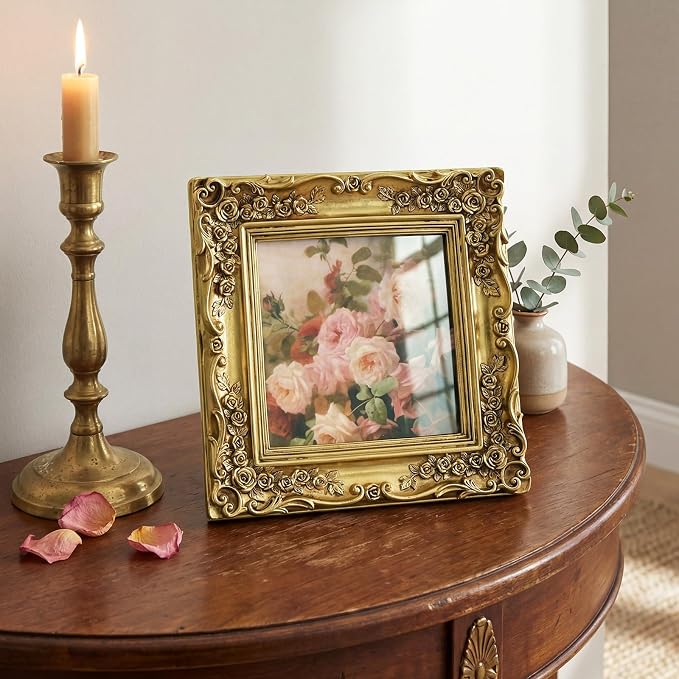 5x5 Gold Picture Frame Square, Vintage Ornate Floral Decorative Photo Frame | - Image 3