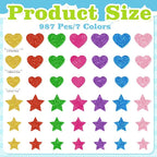 987 Pcs Glitter Foam Stickers, Heart & Star Shapes Stickers, 7 Sheets Colorful - Image 2