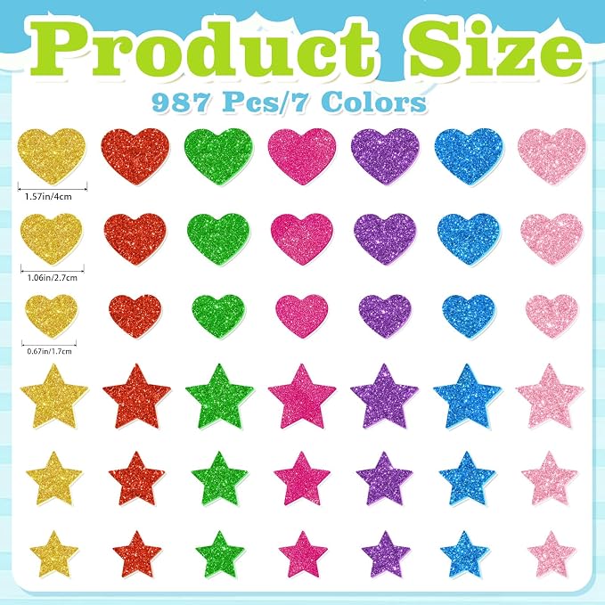 987 Pcs Glitter Foam Stickers, Heart & Star Shapes Stickers, 7 Sheets Colorful - Image 2