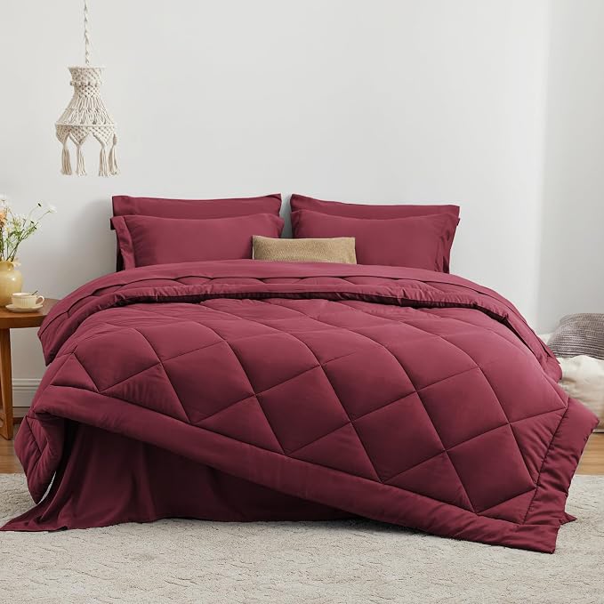 Love's cabin King Size Comforter Set Burgundy, 7 Pieces King Bed in a Bag - Image 2