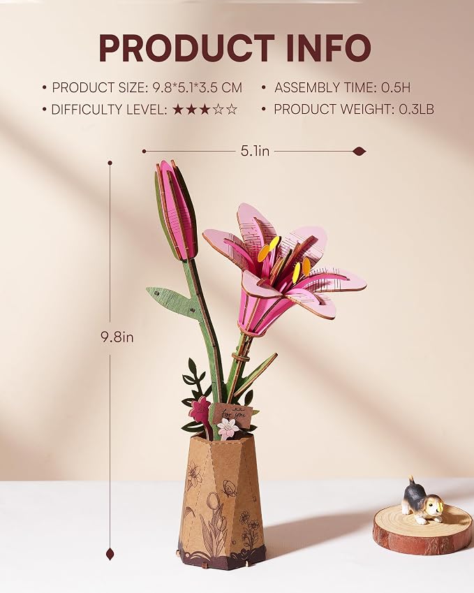 Rowood Wooden Flower Kit, DIY Artifical Flower Building Set Craft Kit - Image 5