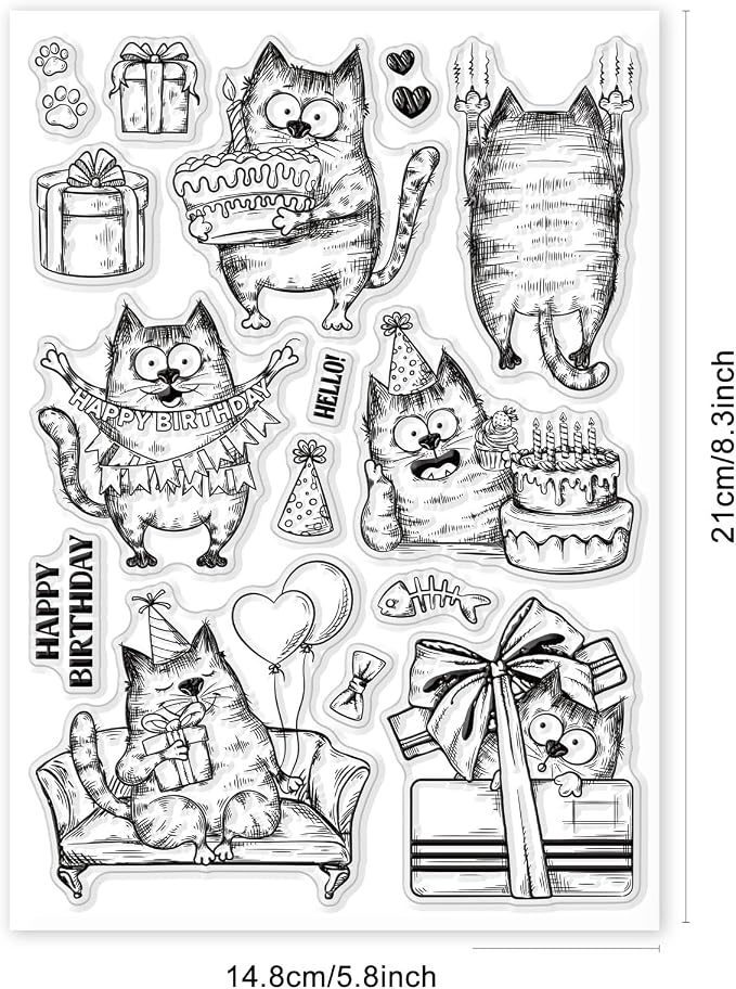 GLOBLELAND 8.3×5.8in Birthday Cats Animal Clear Stamp Sofa Cat Birthday Cake - Image 7