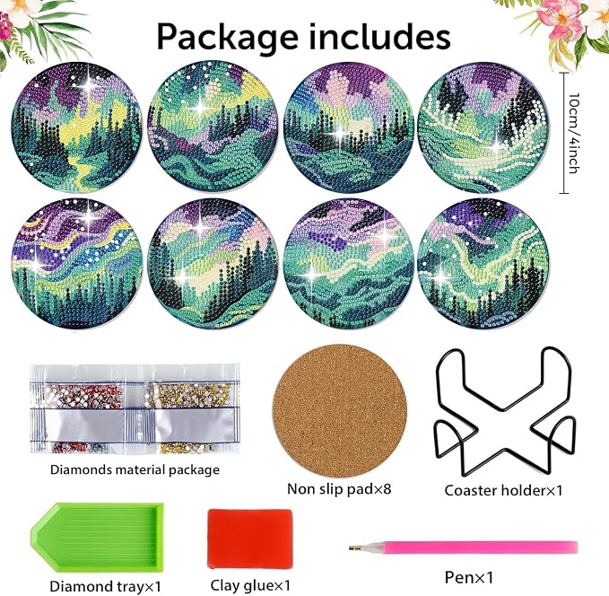 8 Pack Diamond Art Coasters, Northern Lights Diamond Painting Coasters Kits | - Image 2