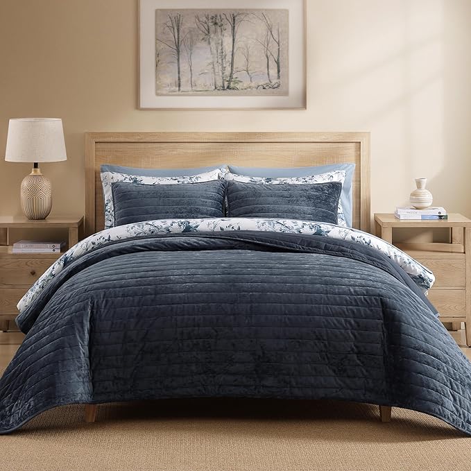 WRENSONGE Velvet Queen Quilt Set-3 Pieces Blue Grey Luxurious Velvet Striped by WRENSONGE