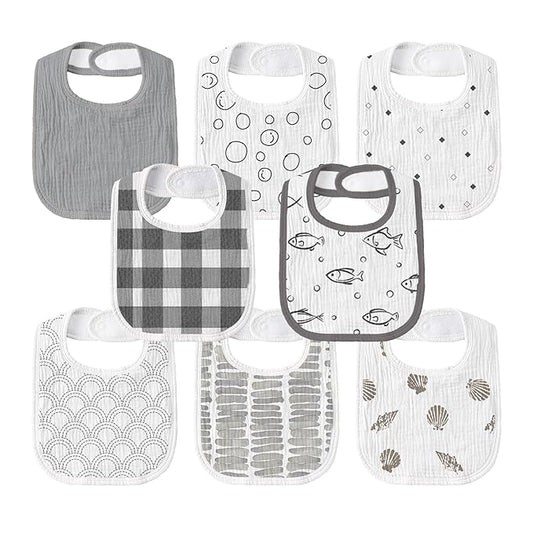 GLLQUEN BABY Muslin Drool Bibs for Boys Girls 8 Pack, Adjustable Baby Bibs for Drooling and Teething, Soft Cotton Baby Bandana Bib for Newborn Feeding Essentials (Fish)