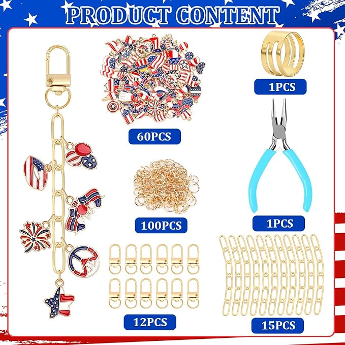 AUGSUN 189 Pcs 4th of July Keychain Making Kit Patriotic DIY Keychain Craft | - Image 3