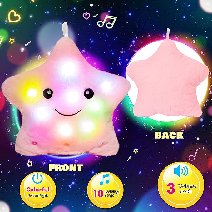 Cuteoy 13" Musical Pink Star Plush Pillow Glowing Twinkle Night Light Stuffed Animal LED Toys Adjustable Volume Birthday for Girls Boys