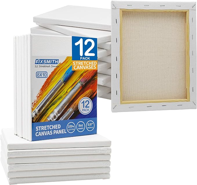 FIXSMITH Stretched Canvas for Painting- 8x10 Inch, Bulk Pack of 12, 100% Cotton by FIXSMITH