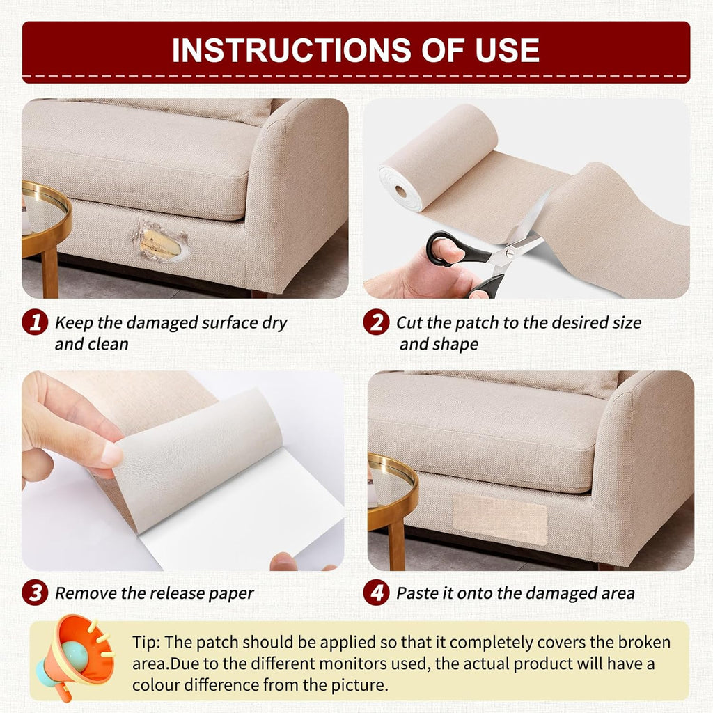 Linen Repair Tape 4x79 inch, Self Adhesive Fabric Patches, Linen Patch Tape Kit, Fabric Repair Tape for Couch Sofas, Headboards, Chairs, Pillows, Curtains, Couches - Light Brown