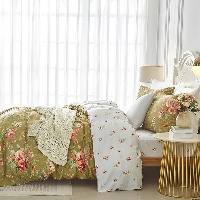 mixinni Duvet Cover Full Size, Long Staple Cotton Reversible Green Floral Duvet - Image 3