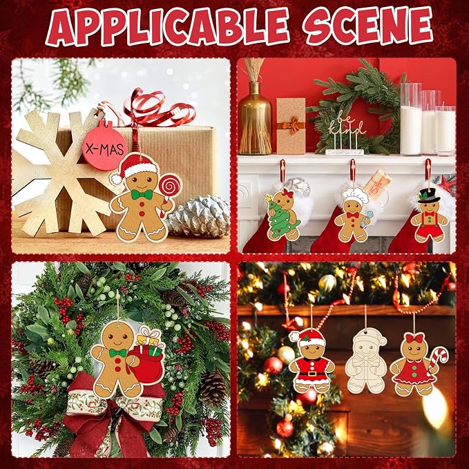80PCS Wooden Christmas Ornaments to Paint, 8 Styles DIY Blank Unfinished Wood - Image 6