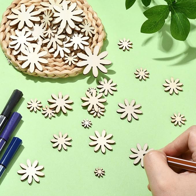 300 pcs 6 Styles Daisy Flower Theme Unfinished Wood Cutout Charms Cute Spring - Image 5