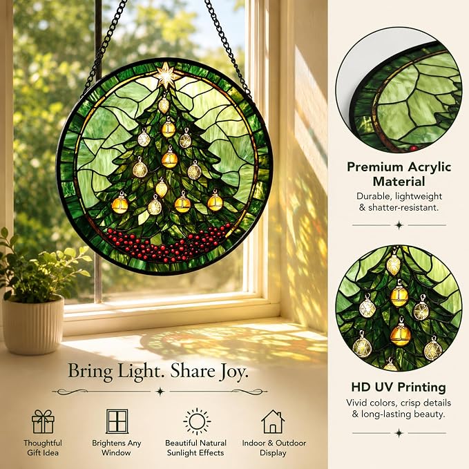 Christmas Tree Acrylic Suncatcher Faux Stained Glass Window Hanging 11.8" | - Image 5