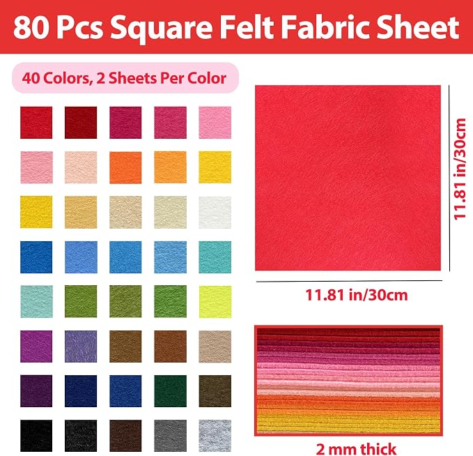 80 PCS Wool Blend Felt Sheets for Crafts 2 mm Thickness, 40 Color 11.8 x 11.8 - Image 2