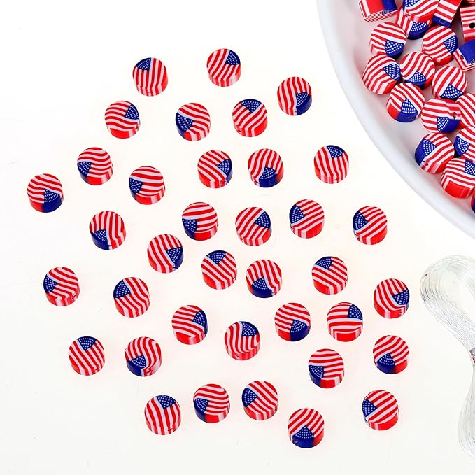 100pcs 4th of July Independence Day American Flag Polymer Clay Spacer Beads by LUBINGSHINE