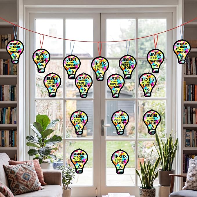 48PCS Sunday School VBS Crafts Bulk: Paper Lightbulb Cross Nativity Suncatchers - Image 5