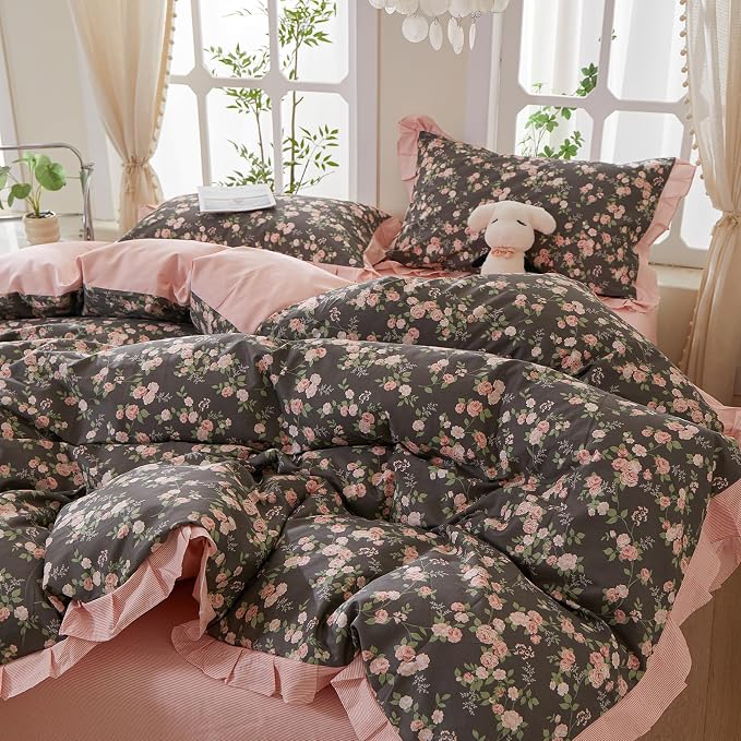 mixinni Vintage Floral Duvet Cover Set Full Size – 100% Cotton Ruffle Lace - Image 4