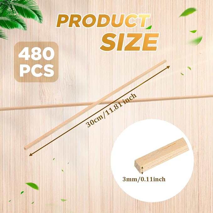 Menkxi 480 Pcs Balsa Wood Sticks 1/8 x 1/8 x 12 Inch Wood Strips Hardwood - Image 2