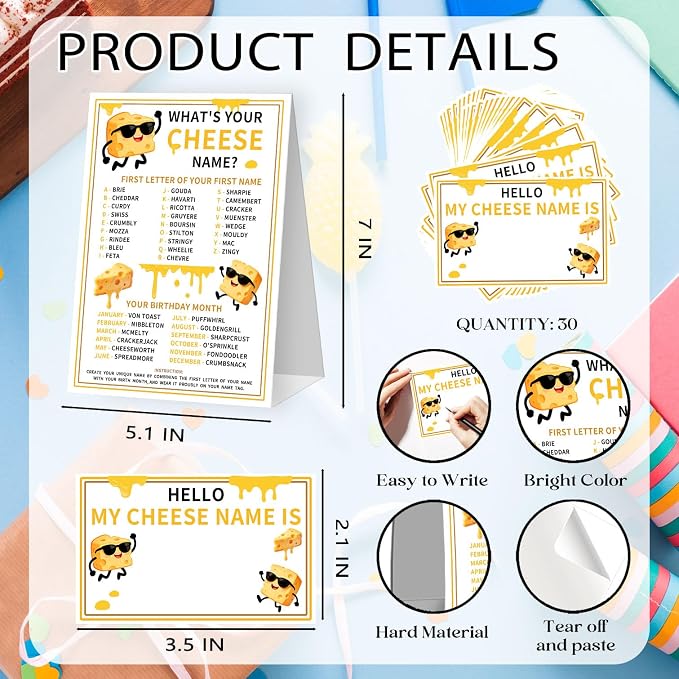 What's Your Cheese Name Game Cards, Birthday Game Supplies, 1 Cheese Name Game - Image 2