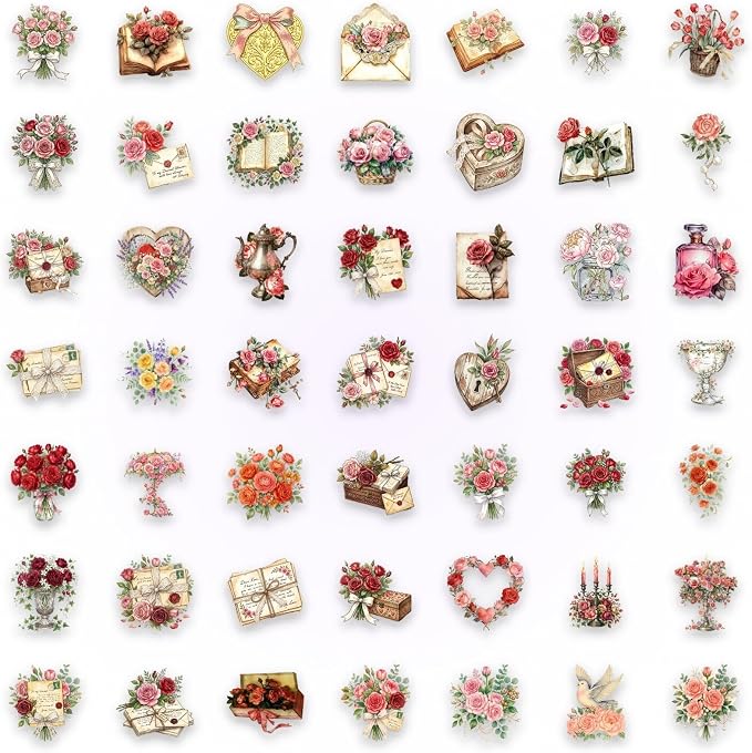 50PCS Vintage Rose Flower Stickers, Retro Love Letter Floral Decals, Waterproof - Image 3