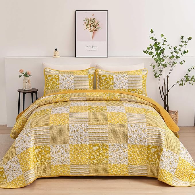 Mybedsoul Yellow Boho Quilt Set King Size, 3 Pieces Plaid Floral Bedspread by Mybedsoul
