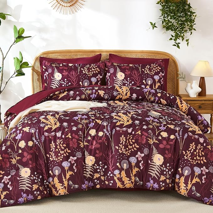 Yiran Queen Comforter Set 7 Piece, Burgundy Floral Bedding Set, Bed in a Bag - Image 7