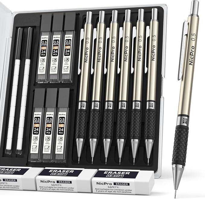Nicpro 0.5 mm Art Mechanical Pencils Set in Case, 3 Erasers by Nicpro