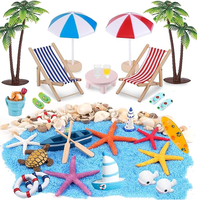 31 Pcs Beach Miniature Dollhouse Decoration, Umbrella Palm Chair Miniature Toys by EIKEJI