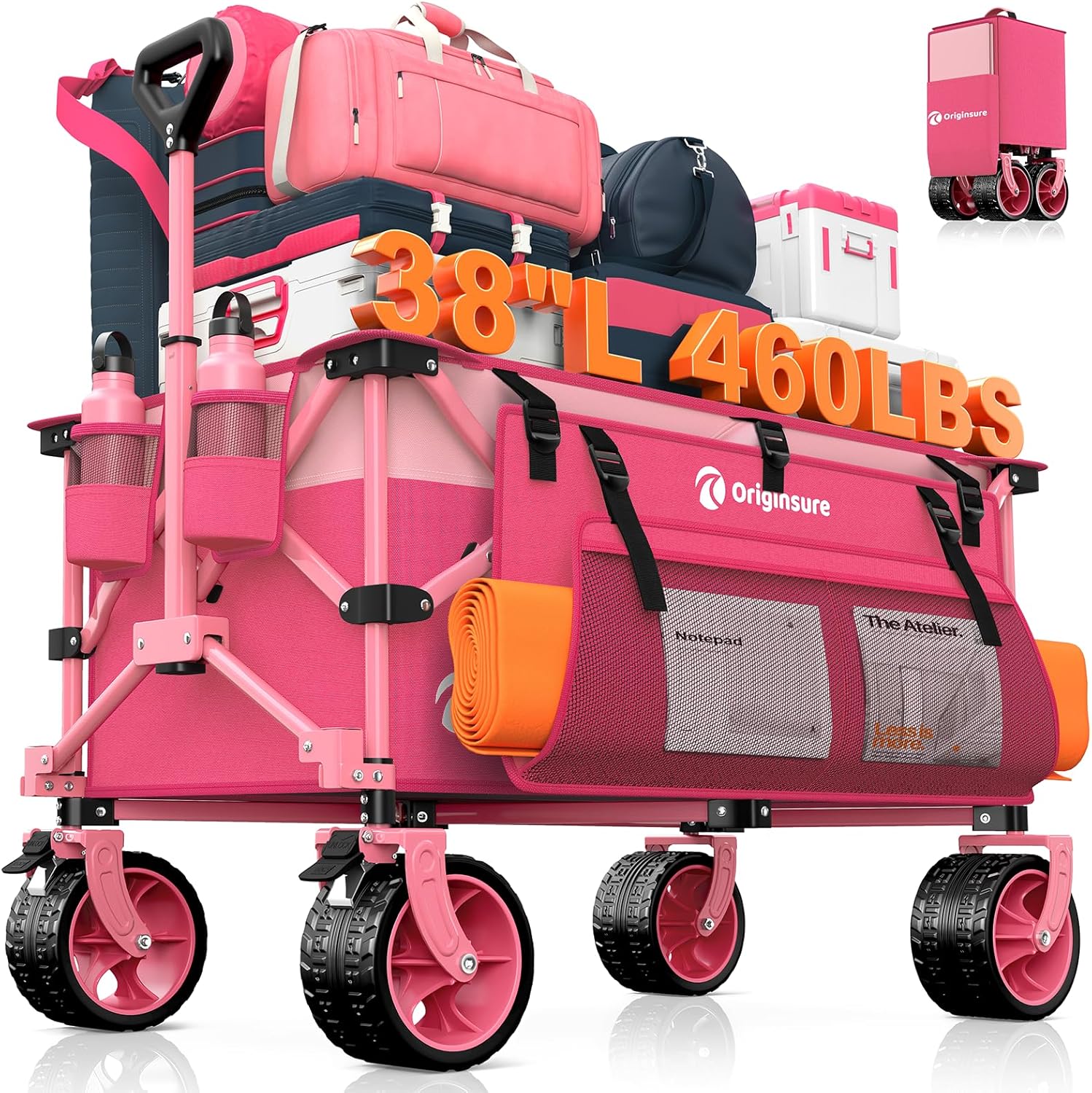 220L Collapsible Wagon Cart Foldable, 460lbs Load Capacity Heavy Duty Folding Beach Wagons with Big All-Terrain Wheels, Utility Carts for Groceries, Camping, Sports - Pink