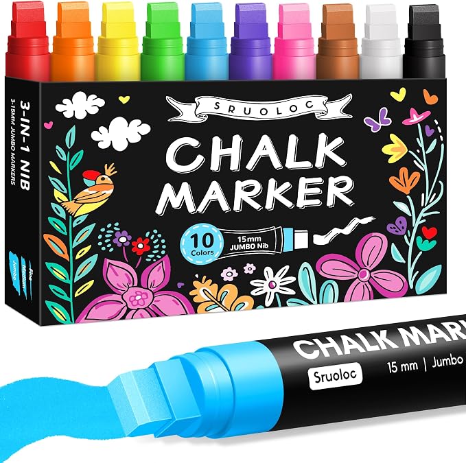 Window Chalk Markers for Glass Washable, 10 Colors Jumbo Liquid Chalk Marker by Sruoloc