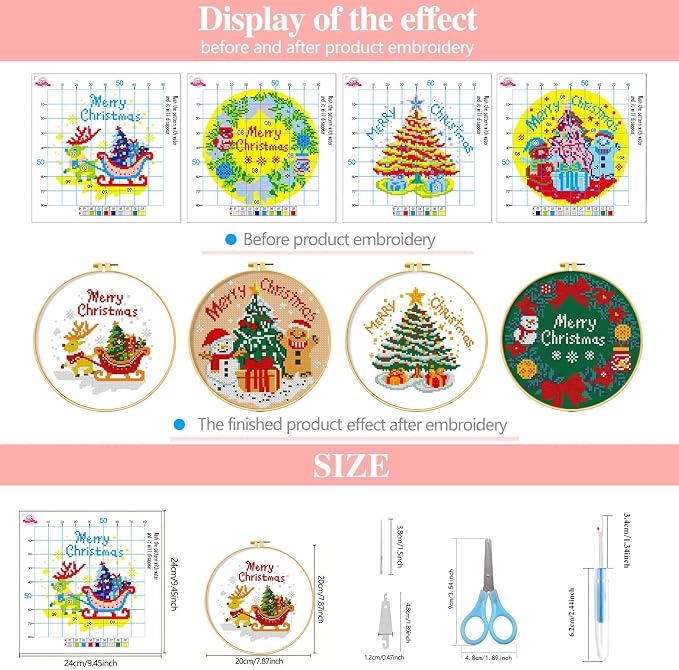 Zhenqing 4 Pack Christmas Stamped Cross Stitch Kit, 11CT Printed Santa Reindeer - Image 4