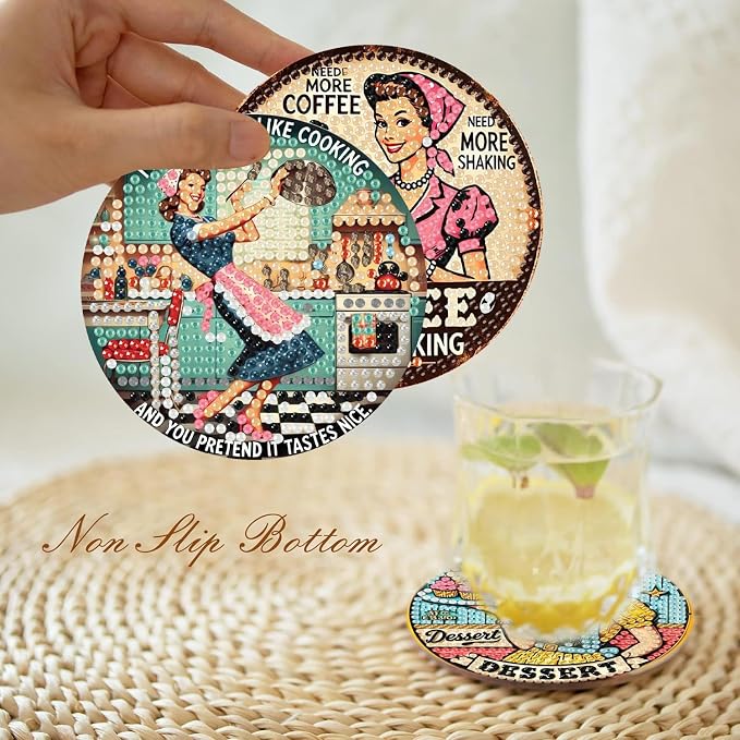 8Pcs Retro Housewife Diamond Art Coasters Kit, Vintage Coffee Diamond Painting - Image 5