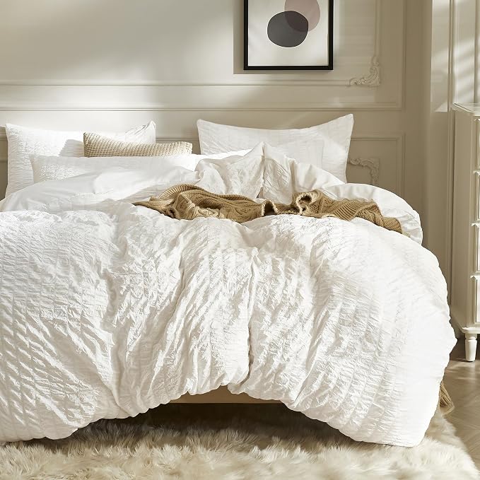 JELLYMONI White Duvet Cover Queen Size, Soft Breathable Seersucker Duvet Cover by JELLYMONI