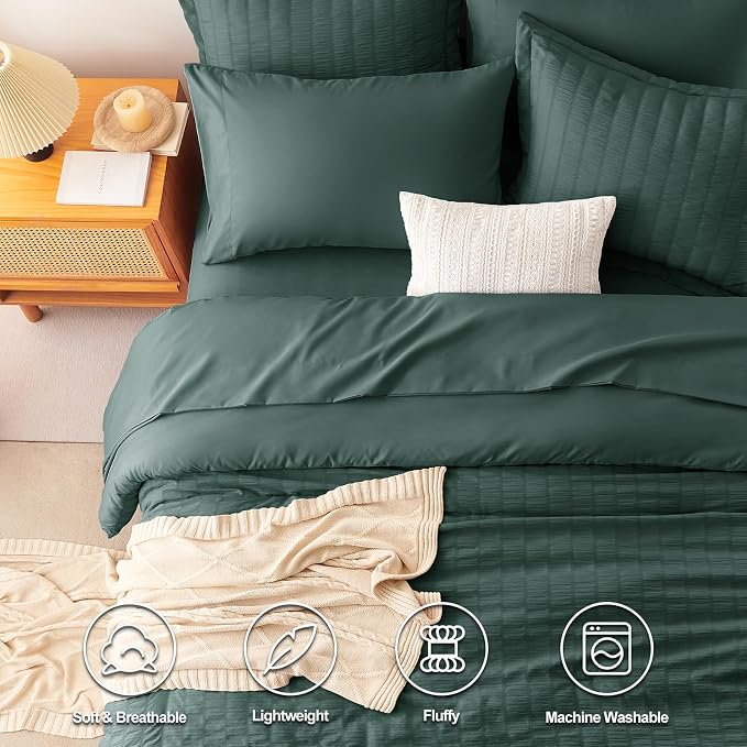 CozyLux King Size Comforter Set Forest Green Seersucker 7 Pieces Bed in a Bag - Image 2