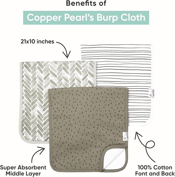 Copper Pearl Premium Baby Burp Cloths - 3-Pack Large Cotton Burp Cloths, Extra Soft Spit Up Rags with 3 Absorbent Layers, Perfect for Baby Boy Gifts (21" x 10" Size, Bridger Set)